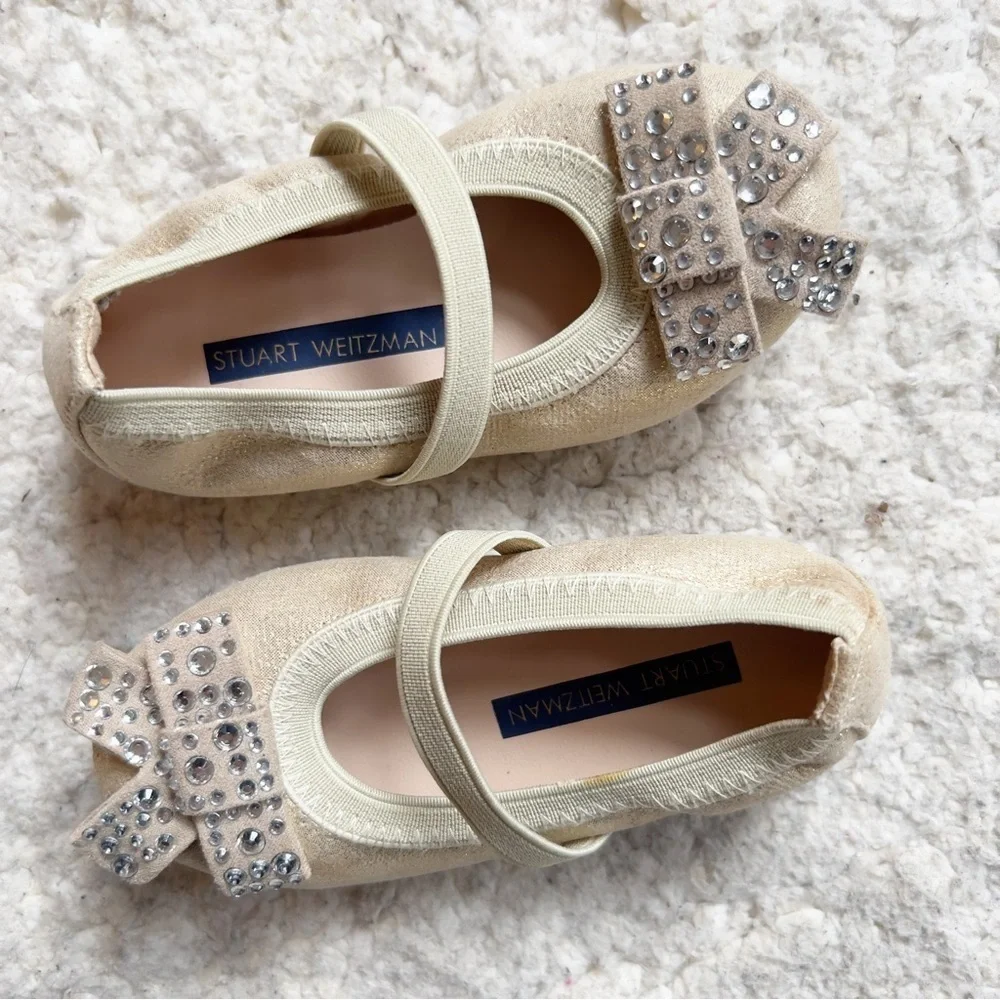 Stuart Weitzman Fannie Stardust Mary Jane Gold Sparkle Baby Ballets Sz 5